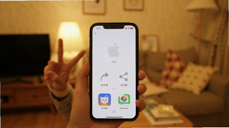 比耶 分享界面 手机屏幕显示多平台分享图标 背景为温馨家居环境 画面色调温暖 突出便捷分享功能