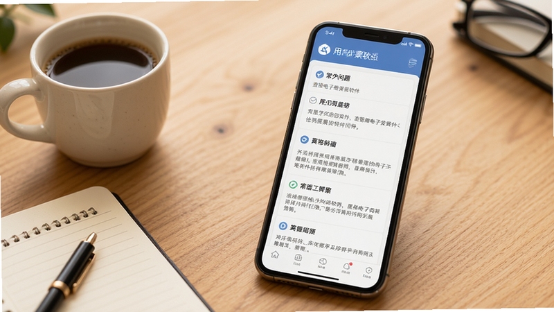 查验电子发票软件问答界面示意图,画面主体为手机屏幕位于画面中央偏右,屏幕内显示常见问题列表与解答文字,背景区域为浅色木质桌面,桌上有一杯咖啡与一本笔记本,整体风格温馨自然,突出用户问答场景