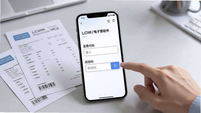 查验电子发票软件功能展示图,画面主体为手机屏幕位于中央,屏幕内显示发票代码输入框与校验码输入框,背景区域为浅灰色办公桌,桌上散落几张电子发票打印件,画面右侧有一只手正在点击屏幕,整体色调柔和,带有科技感与实用感
