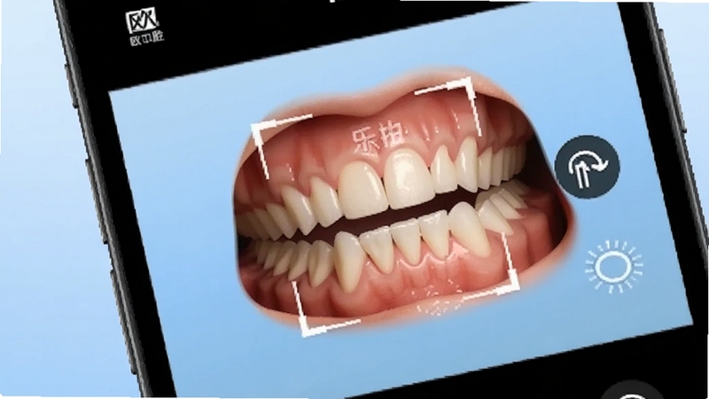 欧乐拍口腔拍摄界面手机屏幕特写,画面中有牙齿取景框和补光图标,背景为浅蓝色渐变,风格简洁清爽