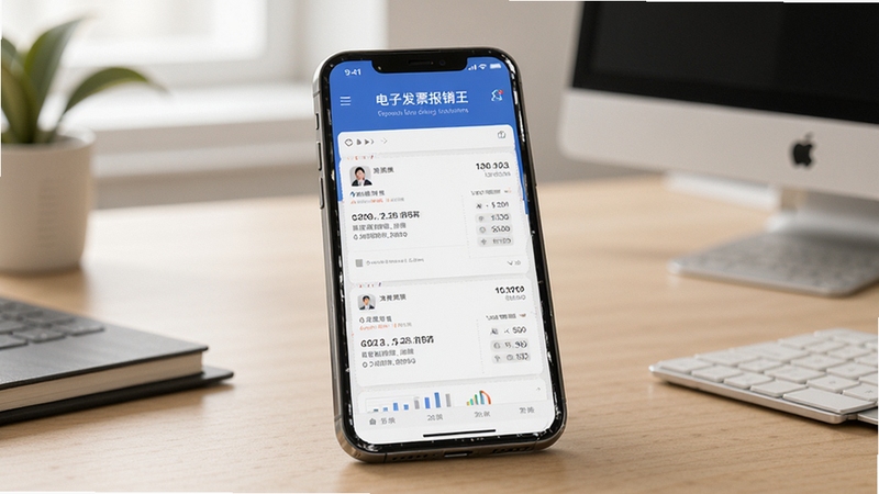 电子发票报销王软件界面展示智能归集功能,画面主体为手机屏幕显示发票列表,背景为简洁办公桌面,柔和光线,高清细节