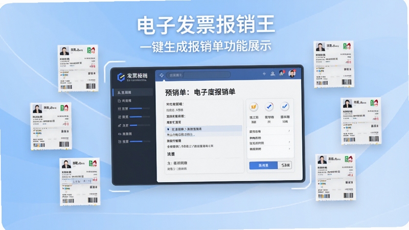 电子发票报销王一键生成报销单功能展示,画面中央为报销单预览界面,周围环绕发票缩略图,背景为淡蓝色渐变,商务风格,清晰文字