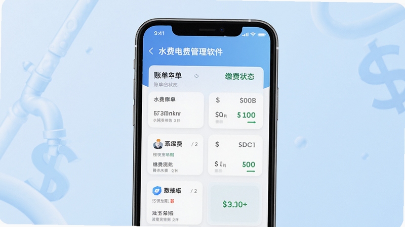 水费电费管理软件主界面展示账单列表与缴费状态,清爽卡片式布局,手机屏幕居中,背景为浅蓝色渐变,画面简洁明亮