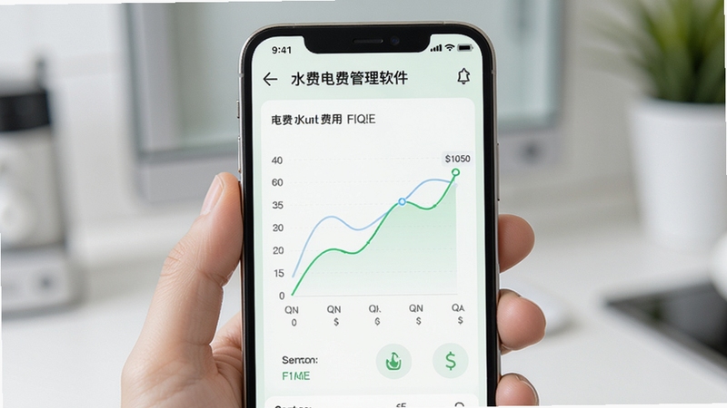 水费电费管理软件用量趋势图表页面,折线图展示近半年水电费用变化,手机界面居中,背景为白色与淡绿色搭配,视觉清新