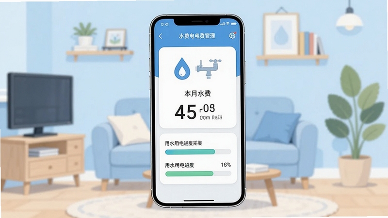 画面中央一部智能手机竖屏展示水费电费计算管理应用主界面,界面显示本月水费电费合计金额与用水用电进度条,背景为温馨家居环境,浅蓝色调,简洁扁平化风格,突出水电图标与数据卡片,整体明亮清晰