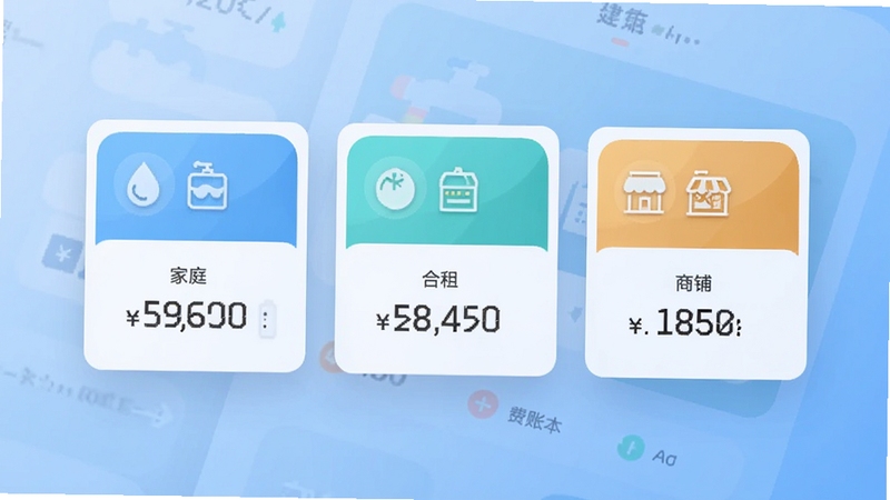 水费电费计算管理多账本功能展示图,画面中并排显示三个账本卡片分别标注家庭、合租、商铺,每个卡片上有水电图标与金额数字,背景为柔和渐变蓝色,界面整洁现代