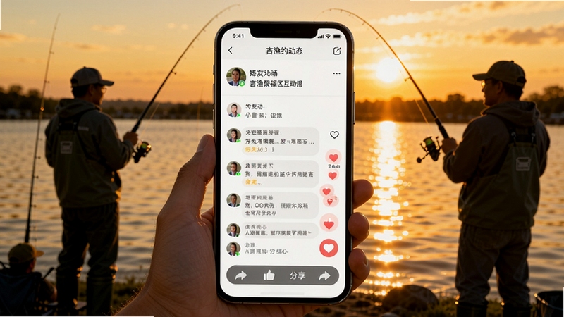 吉渔聚福社区互动场景,画面中央为手机屏幕显示钓友动态与评论列表,背景为夕阳下的钓鱼人剪影与波光粼粼的水面,细节包括点赞图标与分享按钮,氛围温暖友好