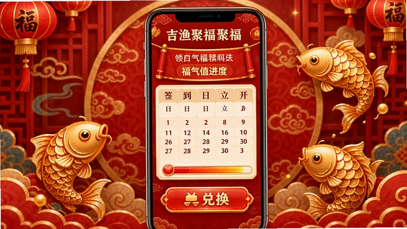 吉渔聚福聚福互动页面,画面主体为手机屏幕展示签到日历与福气值进度条,背景为喜庆的中国风纹样与金色鱼形装饰,细节包括兑换按钮与活动横幅,整体色调红金相间