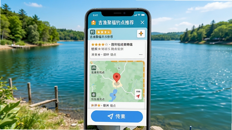 吉渔聚福钓点推荐界面,画面主体为手机屏幕展示附近钓点列表与地图标记,背景为碧波荡漾的水库与绿树环绕的岸边,细节包括钓点评分标签与导航按钮,风格写实明亮