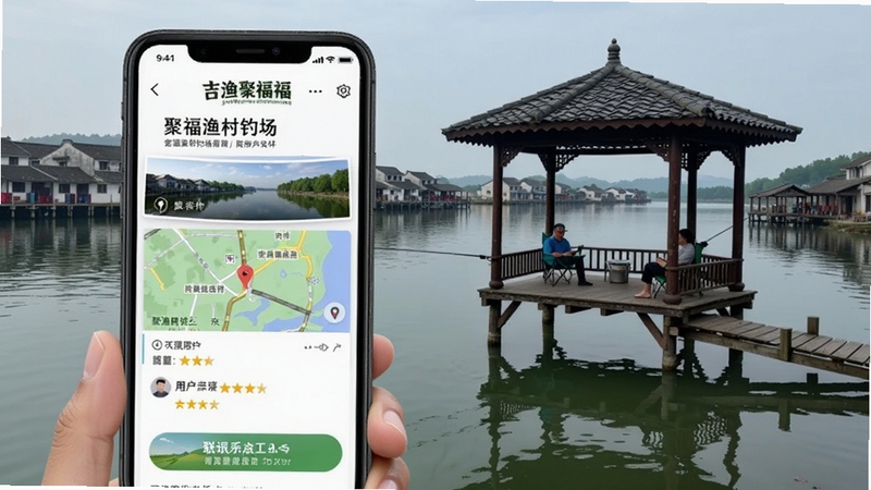 吉渔聚福钓场详情页面,画面主体为手机屏幕展示聚福渔村钓场信息与用户评价,背景为渔村水乡风光与垂钓凉亭,细节包括地图导航与联系电话按钮,风格写实自然