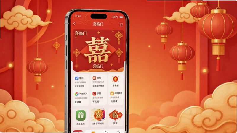 画面主体为一部竖屏智能手机位于画面中央偏左,屏幕显示喜气临门应用界面,背景为暖红色渐变区域,点缀金色祥云与灯笼元素,整体风格喜庆祥和,适配Boogu模型生成,细节清晰,光影柔和