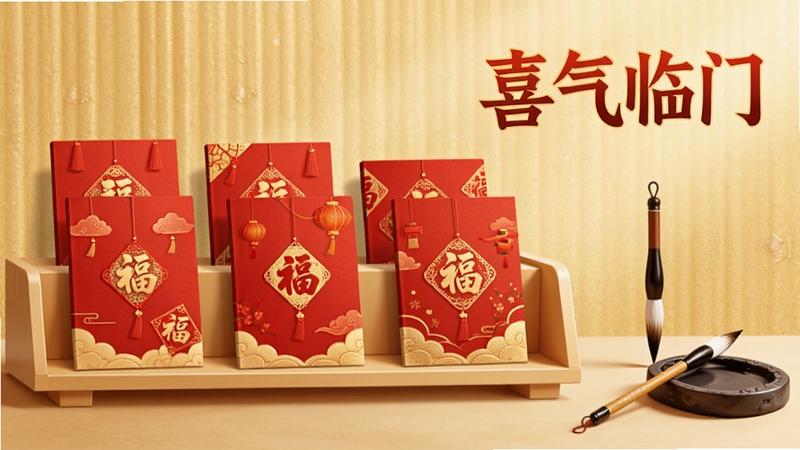 喜气临门应用内展示多张红色主题贺卡模板排列在虚拟书架上,背景为浅金色纹理,画面右侧有毛笔与砚台点缀,整体构图饱满,色彩温暖,突出喜气临门软件名称字样