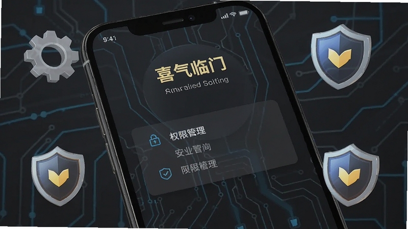 画面为手机屏幕特写,显示喜气临门设置界面中的权限管理选项,背景为深灰色科技感线条,屏幕周围有齿轮与盾牌图标环绕,突出安全设置与权限管控主题