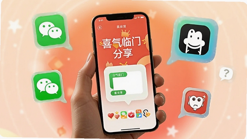 画面展示一只手拿着手机,屏幕显示喜气临门分享界面,周围漂浮着微信、QQ等社交图标气泡,背景为柔和的橙红色光晕,整体氛围轻松愉快,突出分享动作与喜气临门软件的关联