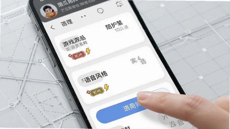 芒瓜陪护技能标签匹配界面,画面中央为手机屏幕特写,屏幕内展示多位陪护师的技能标签卡片,包含游戏名称、段位图标与语音风格标识,用户手指正在点击筛选按钮,背景为浅灰色科技感网格,整体风格干净利落