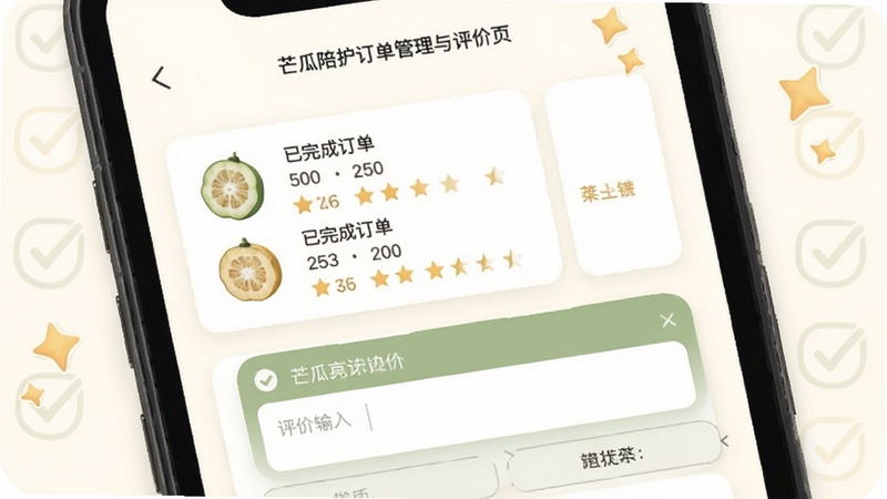 芒瓜陪护订单管理与评价页面,手机屏幕内展示订单列表与星级评分界面,包含已完成订单卡片与评价输入框,背景为素雅的米白色,四周有淡淡的对勾与星星装饰元素,整体氛围整洁可信