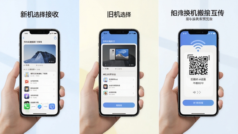 换机克隆搬家互传操作步骤示意图,画面分为三格,分别展示新机选择接收、旧机选择发送、扫描二维码连接三个场景,手机界面清晰可见,背景为柔和浅色,alt为换机克隆搬家互传预览图