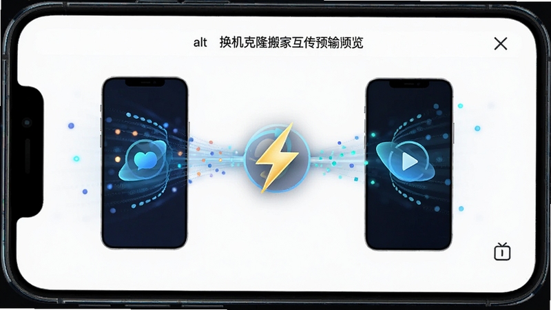 换机克隆搬家互传软件传输进度界面,手机屏幕显示高速传输动画,两台手机之间用闪电符号连接,背景为深色科技感,数据流以光点形式流动,图片alt为换机克隆搬家互传预览图