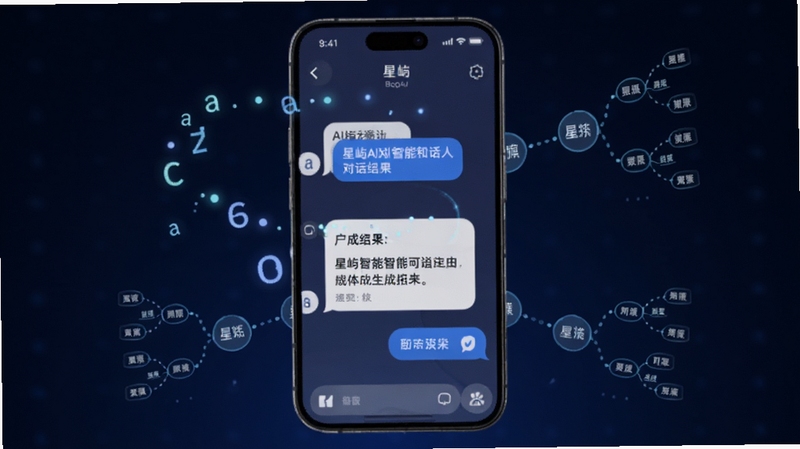 星屿AI智能对话界面在手机屏幕上展示,画面主体为手机正视图,屏幕中央显示对话气泡与文本生成结果,周围环绕发光的字符粒子与思维导图线条;背景为深蓝色科技渐变,突出AI智能感,适配Boogu模型生成,画面简洁大气