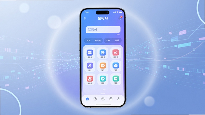 软件核心全貌展示,画面中央放置一部智能手机,屏幕显示星屿AI应用主界面,界面以蓝紫色渐变为主色调,包含对话输入框与功能图标矩阵;背景区域为柔和的科技感光晕与抽象数据流线条,整体风格清爽现代,适配Boogu模型生成,画面横版构图,分辨率1080x720