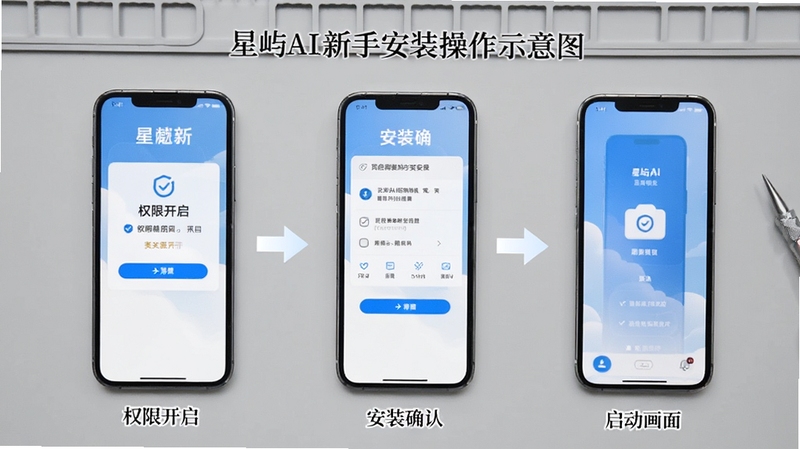 星屿AI新手安装操作示意图,画面展示手机屏幕分步操作界面,包括权限开启、安装确认、启动画面三个步骤;背景为浅灰色工作台面,配有简洁的步骤箭头与文字标注,适配Boogu模型生成,画面清晰直观