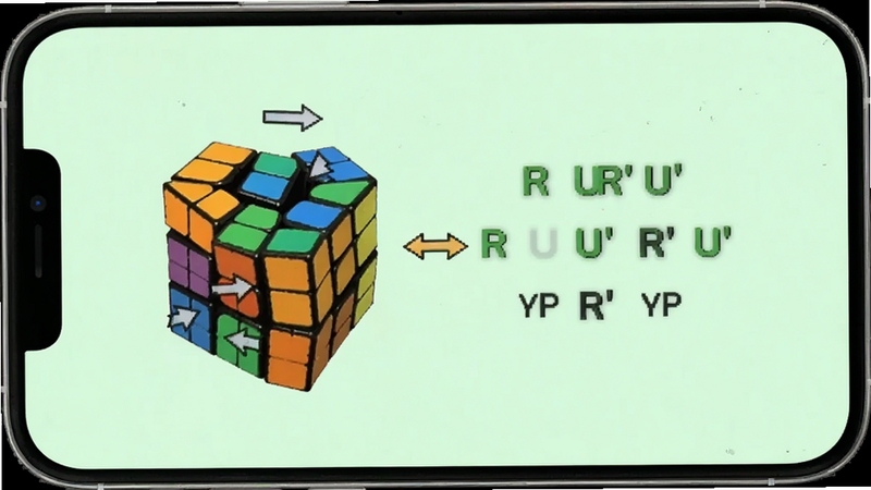 ƴħ���ֲ�������ѧ���棬�ֻ���Ļ����ʾ����ħ������ִ��R U R' U'ת�����裬�Ա��м�ͷָʾ��ھ����֣�����Ϊ��ͻ���ǳ��ɫ����������չʾƴħ����ѧ����