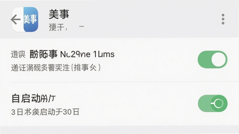 手机设置界面截图风格,显示美事应用的通知权限与自启动开关处于开启状态,界面为安卓系统设置页面,背景简洁,突出权限设置的操作路径,画面色调柔和,软件名称美事出现在应用管理标题旁