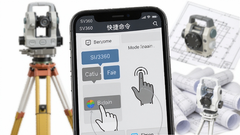 SV360快捷命令设置界面,展示自定义按钮与手势操作示意图,手机屏幕特写,背景为测绘仪器与图纸,Boogu模型生成,简洁专业风格