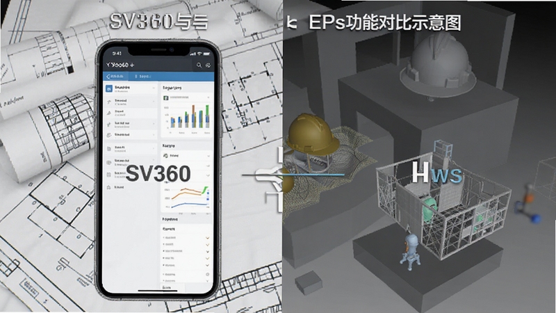 SV360与EPs功能对比示意图,手机屏幕左右分屏展示两种软件界面,背景为测绘图纸与三维模型,Boogu模型生成,清晰对比风格