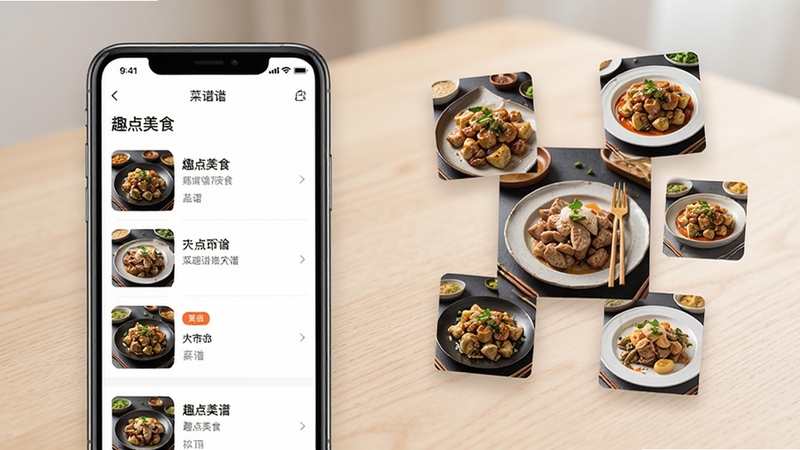 趣点美食应用内页展示菜谱分类列表,画面左侧为手机屏幕界面,右侧漂浮着多道菜品缩略图,背景为浅色木纹桌面,光线柔和,整体呈现清晰、整洁的美食工具类应用视觉风格