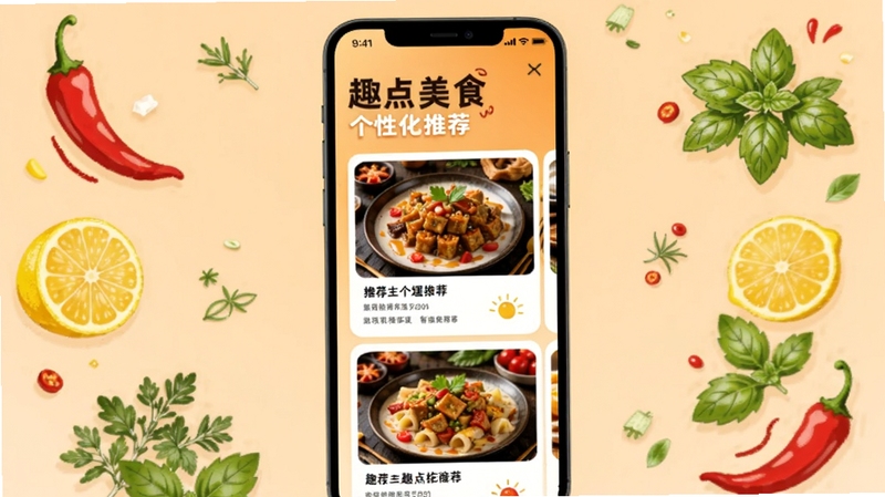 趣点美食个性化推荐页面,手机屏幕显示多张美食推荐卡片,周围环绕着辣椒、柠檬、香草等食材插画元素,背景为淡橙色渐变,整体风格活泼、诱人,突出智能推荐与美食发现感