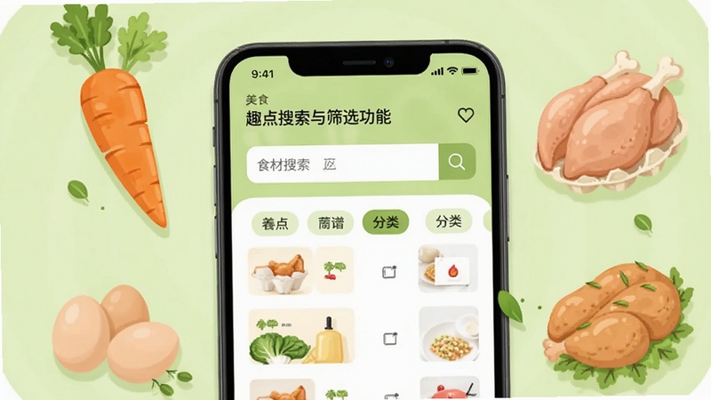 趣点美食搜索与筛选功能界面,手机屏幕展示食材搜索框和分类标签,周围有胡萝卜、鸡蛋、鸡肉等食材插画,背景为浅绿色调,整体清新自然,突出快速查找菜谱的便捷体验