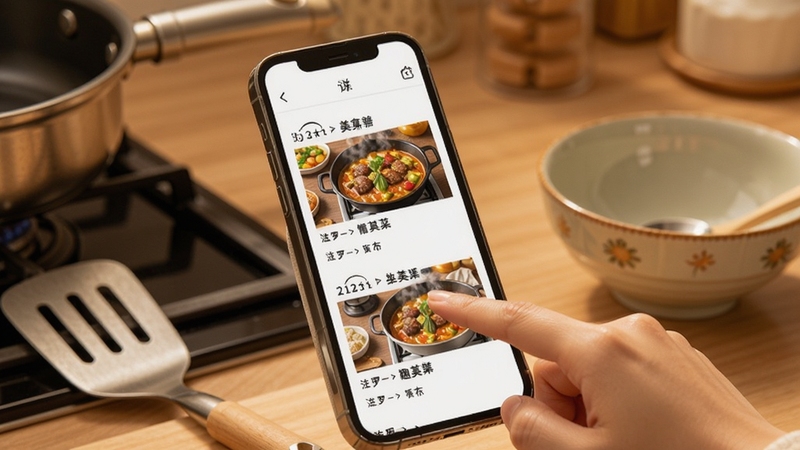 趣点美食菜谱详情页特写,手机屏幕上显示分步烹饪图文,一只手正在滑动屏幕查看下一步,旁边放着锅铲和瓷碗,背景为家庭厨房环境,暖色调,强调实用教学与操作引导