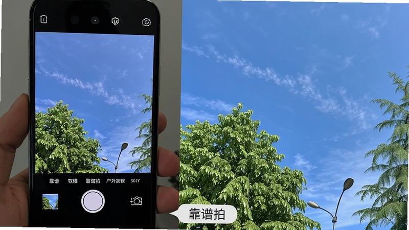 靠谱拍户外拍摄效果对比图,画面左侧为手机屏幕取景界面,右侧为拍摄完成的照片样张,展示蓝天绿树的清晰细节,靠谱拍软件名称以标签形式出现在图片底部,整体色调明亮自然