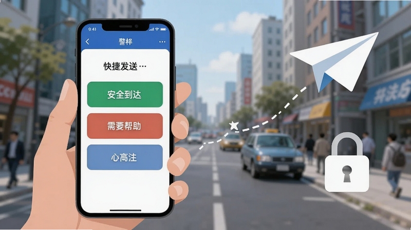 画面主体为一只手拿着手机,手机屏幕显示警哨应用的快捷发送界面,界面上有“安全到达”“需要帮助”等预设短语按钮,背景区域为虚化的城市街道,画面右侧有纸飞机和锁形图标,整体风格为清新扁平插画,突出便捷与隐私保护