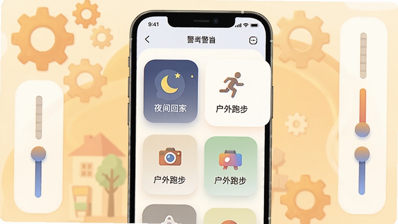 画面中央是一个手机屏幕,屏幕上显示警哨应用的多场景选择卡片,卡片上分别标注“夜间回家”“户外跑步”等字样并配有对应小图标,背景区域为柔和的暖色调,画面四周有齿轮和调节滑块装饰,整体风格为圆角卡片式UI插画,强调个性化与易用性