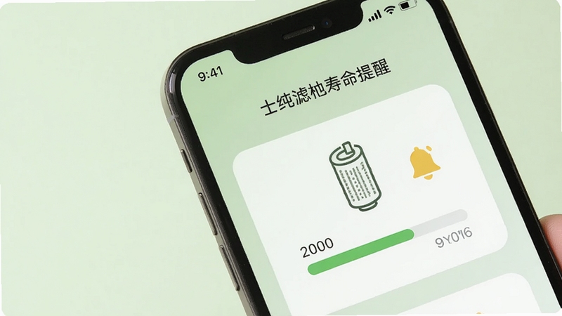 手机屏幕显示士纯滤芯寿命提醒界面,画面中有一个滤芯图标与进度条,旁边有铃铛提醒符号,背景为柔和的浅绿色,整体风格清新自然,突出提醒功能与士纯应用,适配Boogu模型生成。