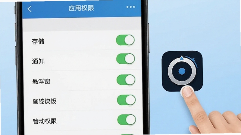 此刻转盘设置与权限管理界面示意图,画面展示手机设置菜单中应用权限开关列表,包括存储、通知、悬浮窗等选项,旁边有手指指示开启动作,背景为浅蓝色渐变,画面风格简洁直观,突出此刻转盘的应用图标。