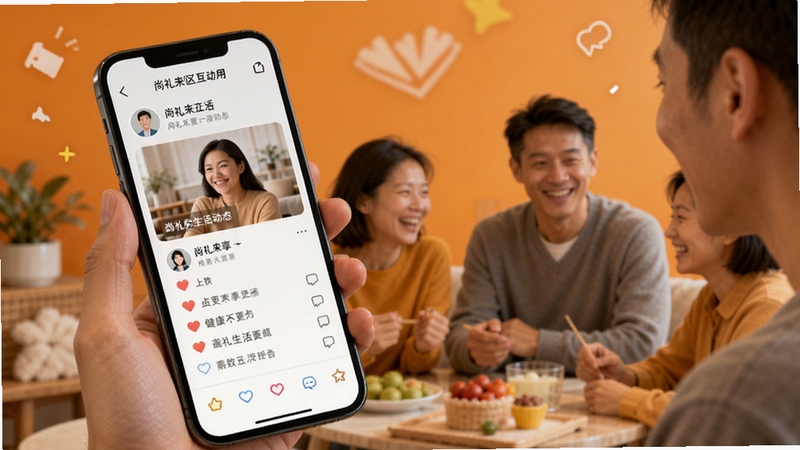 尚礼来社区互动界面,用户正在分享健康生活动态,手机屏幕显示点赞和评论区域,背景为温暖橙色,体现尚礼来社区活跃氛围