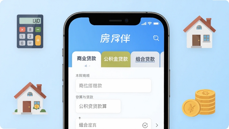 房伴应用内多模式贷款试算界面展示,画面中央为手机屏幕特写,屏幕上清晰呈现商业贷款、公积金贷款、组合贷款三个选项卡与输入框,背景为浅蓝色渐变,四周环绕着计算器、房屋、金币等扁平化图标,整体风格清爽简洁,突出房伴软件名称与贷款计算功能