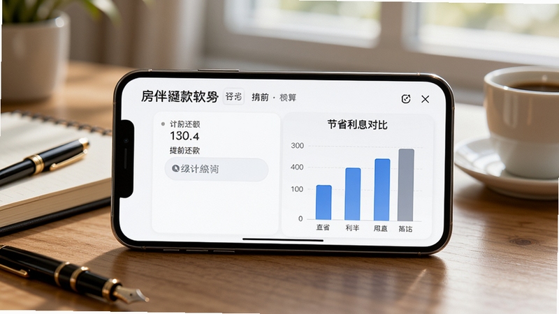房伴提前还款模拟功能展示图,画面主体为一部横向放置的智能手机,屏幕显示提前还款金额输入框与节省利息对比柱状图,背景为书房桌面,有笔记本、钢笔与咖啡杯,光线柔和,构图中心为手机屏幕,周围元素虚化,突出房伴软件名称与提前还款计算场景