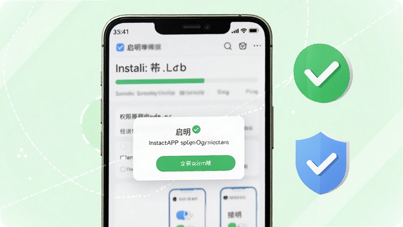 ����APP��װ����ʾ��ͼ������Ϊ�ֻ���Ļ��ʾ��װ��������Ȩ�����赯��������Ϊǳ��ɫ���Ա��жԹ��Ͷ���ͼ�꣬������ȫ��װ��Ȩ������