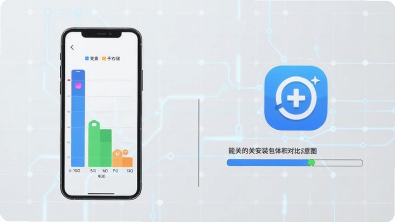 能不能通关软件安装包体积对比示意图,画面左侧显示手机存储空间条形图,右侧展示能不能通关图标与下载进度条,背景为浅灰色科技感网格,整体风格干净清爽