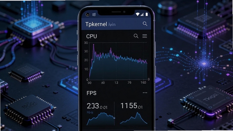 ��������չʾһ����׿�ֻ�����Ļ����ʾ Tpkernel �ں˼����壬���� CPU Ƶ�������� FPS ��ֵ������Ϊ��ɫ�Ƽ����Ĺ���̨����Χ��׺оƬ��������Ԫ�أ�����ɫ��ƫ���ϣ����� Boogu ģ������