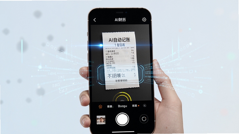 AI财历AI智能记账功能演示图,手机屏幕显示拍照记账界面,AI自动识别小票并分类,画面带有科技光效与数据流元素,背景为浅色渐变,突出智能识别过程,Boogu模型生成