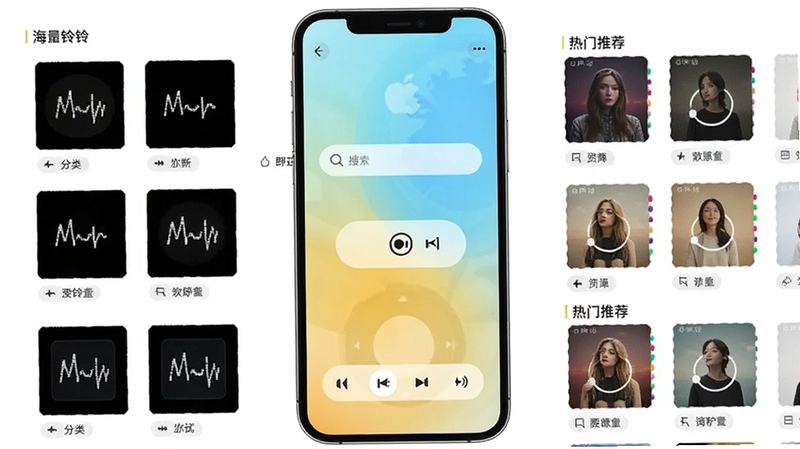 来电铃声大全多软件界面中展示海量铃声分类列表与热门推荐歌单,手机屏幕中央显示搜索框与试听按钮,背景为明亮清新的浅色渐变,画面简洁现代,突出资源丰富与操作便捷的特点