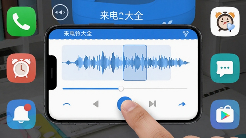来电铃声大全多铃声裁剪功能截图,手机界面显示音频波形与进度条,用户手指正在拖动选取片段,界面配色为蓝白清爽风格,周围有来电、闹钟、通知等场景图标环绕,体现裁剪与多场景设置功能
