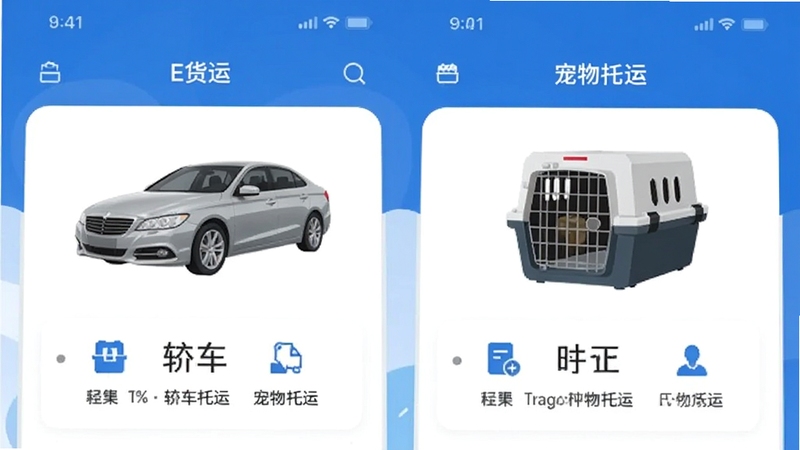 E货运平台手机应用界面展示轿车托运与宠物托运服务分类入口,画面中有轿车和宠物航空箱元素,简洁扁平化设计风格,蓝白配色,突出功能模块