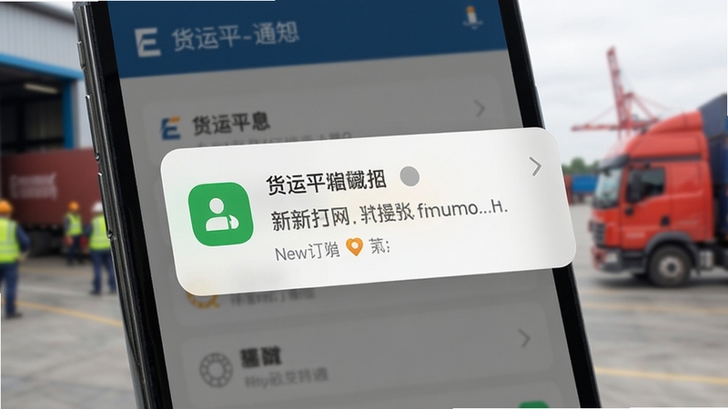 E货运平台消息通知界面特写,手机弹出新订单提醒卡片,背景为模糊的货运场站场景,突出通知弹窗的视觉层次,写实风格