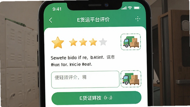 E货运平台评价页面手机截图,五星评分与文字评价输入框,旁边有货车和货物图标,清新简洁的界面设计,绿色点缀
